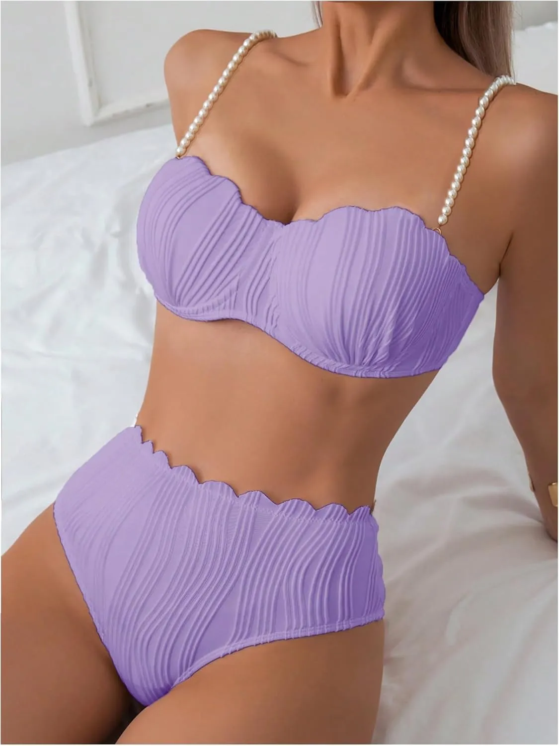 MakeMeChic Women's 2 Piece Bikini Set Textured Pearl Beaded Strap Scallop Trim High Waist Swimsuit