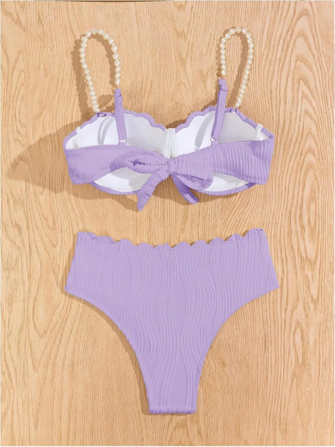 MakeMeChic Women's 2 Piece Bikini Set Textured Pearl Beaded Strap Scallop Trim High Waist Swimsuit