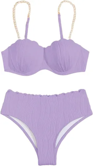 MakeMeChic Women's 2 Piece Bikini Set Textured Pearl Beaded Strap Scallop Trim High Waist Swimsuit