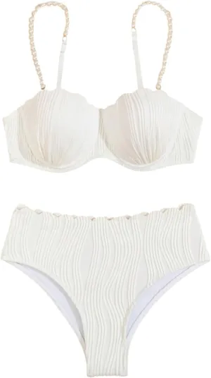 MakeMeChic Women's 2 Piece Bikini Set Textured Pearl Beaded Strap Scallop Trim High Waist Swimsuit