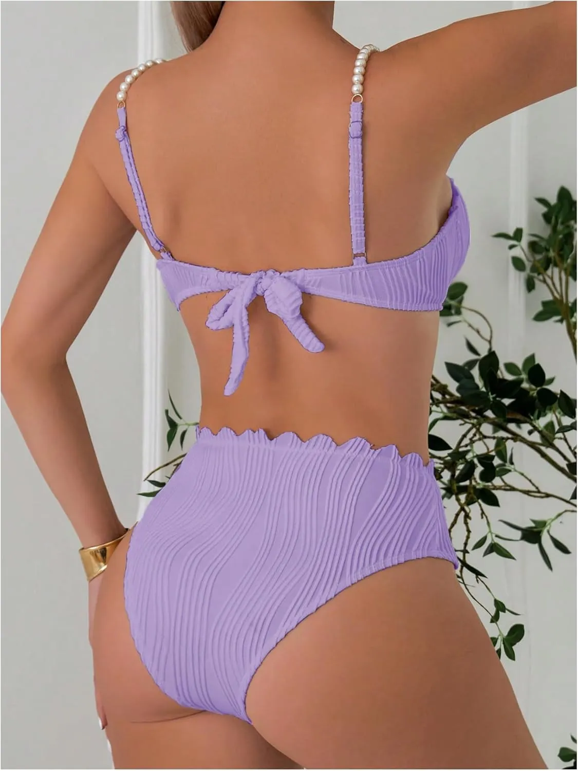 MakeMeChic Women's 2 Piece Bikini Set Textured Pearl Beaded Strap Scallop Trim High Waist Swimsuit