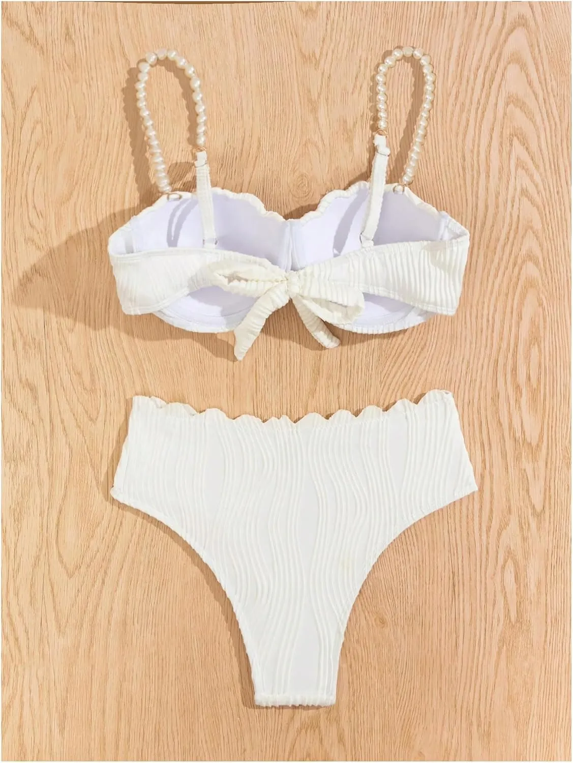 MakeMeChic Women's 2 Piece Bikini Set Textured Pearl Beaded Strap Scallop Trim High Waist Swimsuit