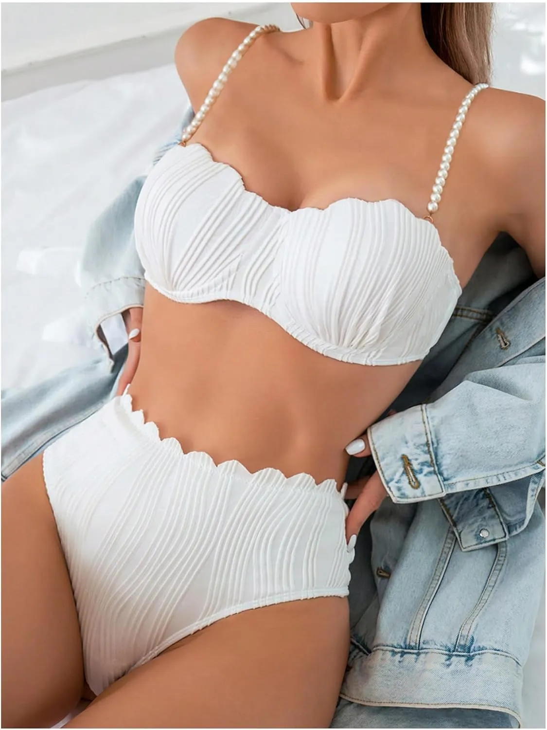 MakeMeChic Women's 2 Piece Bikini Set Textured Pearl Beaded Strap Scallop Trim High Waist Swimsuit