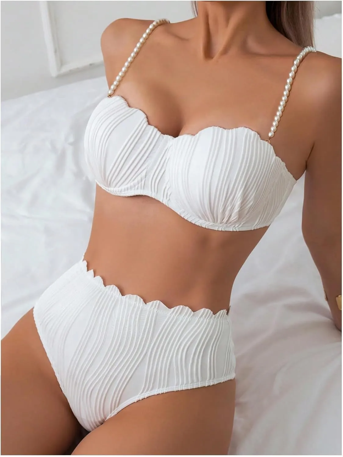 MakeMeChic Women's 2 Piece Bikini Set Textured Pearl Beaded Strap Scallop Trim High Waist Swimsuit