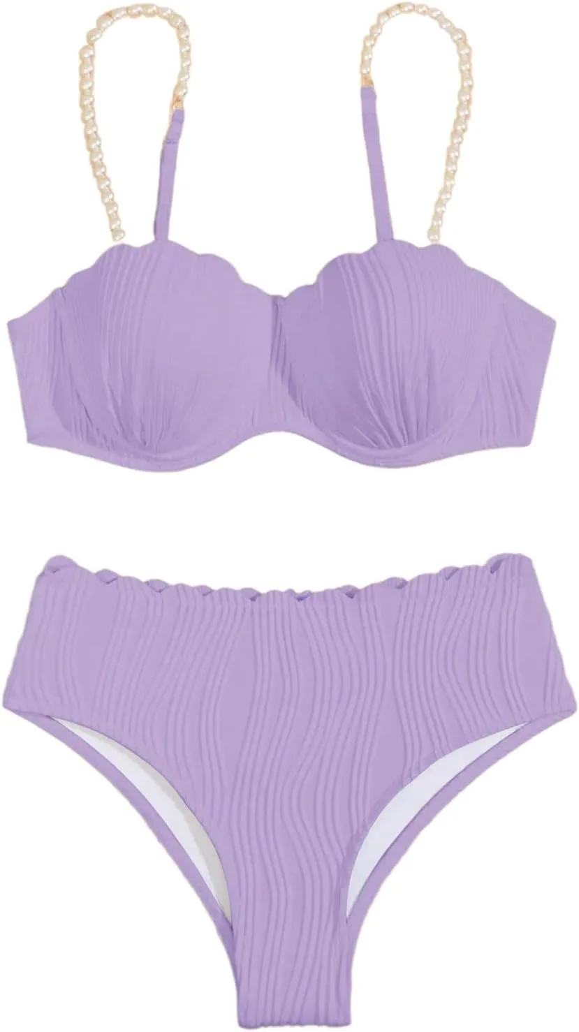 MakeMeChic Women's 2 Piece Bikini Set Textured Pearl Beaded Strap Scallop Trim High Waist Swimsuit