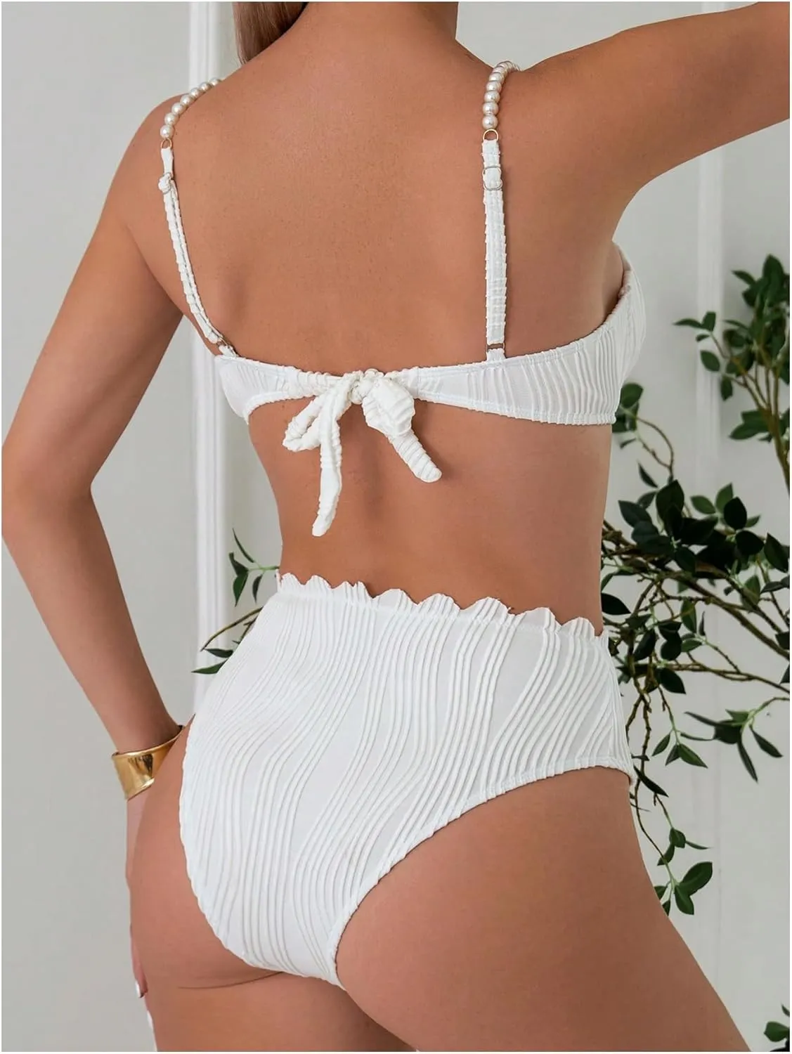 MakeMeChic Women's 2 Piece Bikini Set Textured Pearl Beaded Strap Scallop Trim High Waist Swimsuit