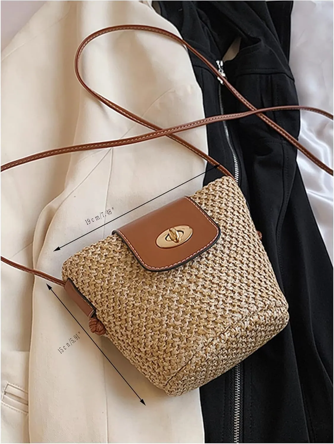 MakeMeChic Women's Straw Bucket Bag Mini Twist Lock Single Strap Beach Bags Crossbody Handbag