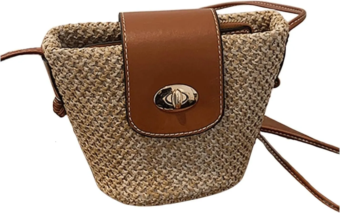 MakeMeChic Women's Straw Bucket Bag Mini Twist Lock Single Strap Beach Bags Crossbody Handbag