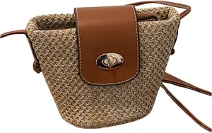 MakeMeChic Women's Straw Bucket Bag Mini Twist Lock Single Strap Beach Bags Crossbody Handbag