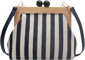 MakeMeChic Women's Striped Color Block Kiss Lock Clutch Handbags Small Purse Crossbody Bag