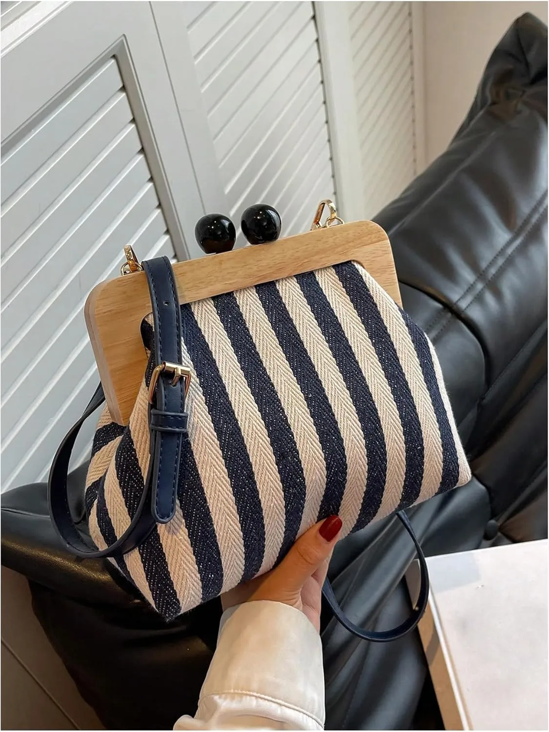 MakeMeChic Women's Striped Color Block Kiss Lock Clutch Handbags Small Purse Crossbody Bag