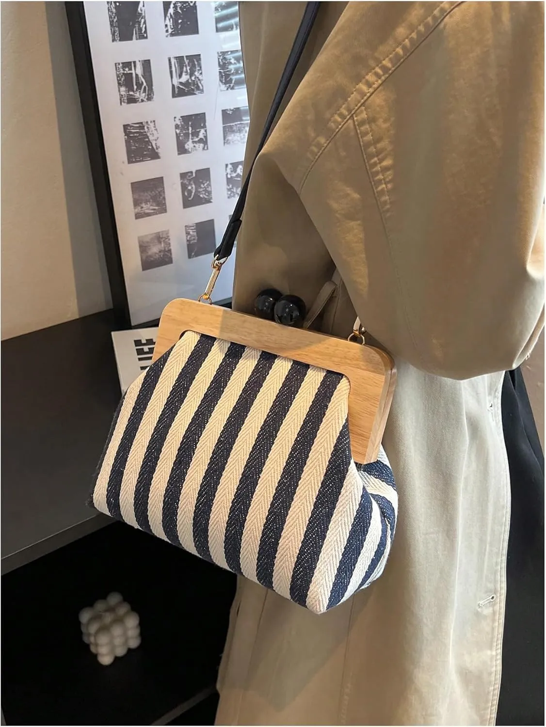 MakeMeChic Women's Striped Color Block Kiss Lock Clutch Handbags Small Purse Crossbody Bag