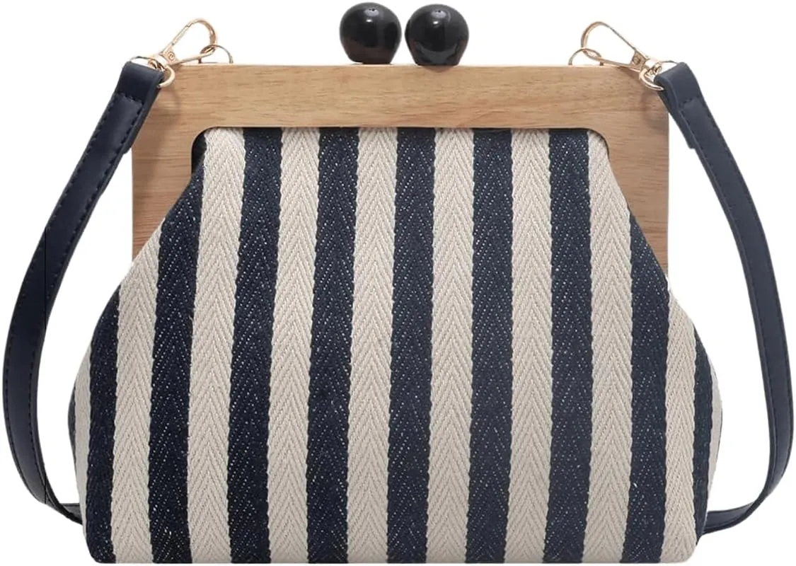MakeMeChic Women's Striped Color Block Kiss Lock Clutch Handbags Small Purse Crossbody Bag