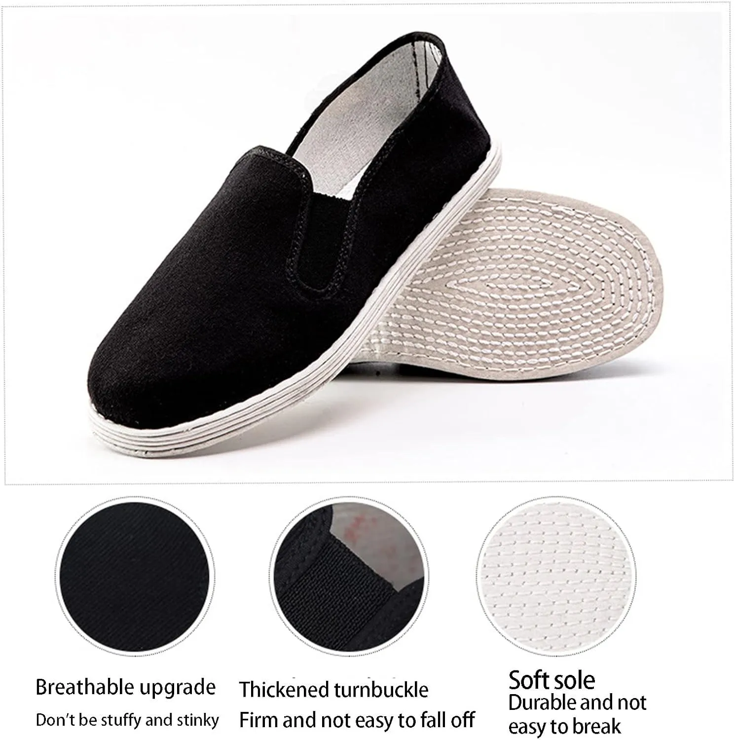 Martial Art Cloth Shoes, Men Traditional Chinese Style Slip-On Breathable Old Beijing Cloth Shoes, Comfortable Non Slip Rubber Sole Black, for Yoga, Judo, Parkour, Taekwondo, Park Jogging