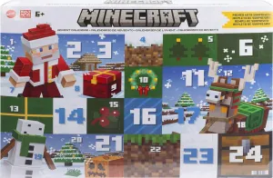 Mattel Minecraft Advent Calendar, 24 Surprises Include 3 Action Figures, 17 Accessories & 4 Stickers, 3-inch Scale & Pixelated Design, Holiday Gift