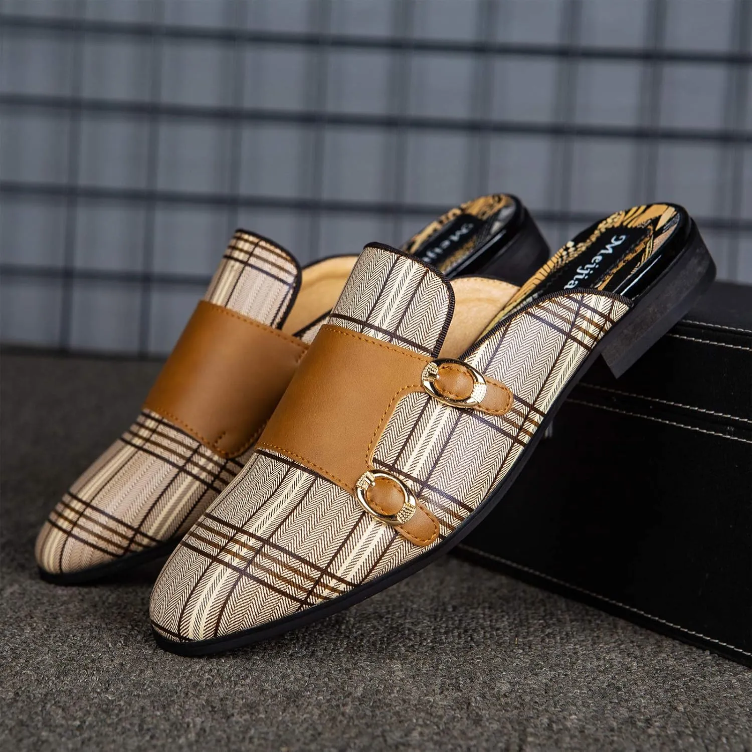 Meijiana Men's Slippers Slip-On Loafers Leather Formal Wear Casual Open Back Sandals