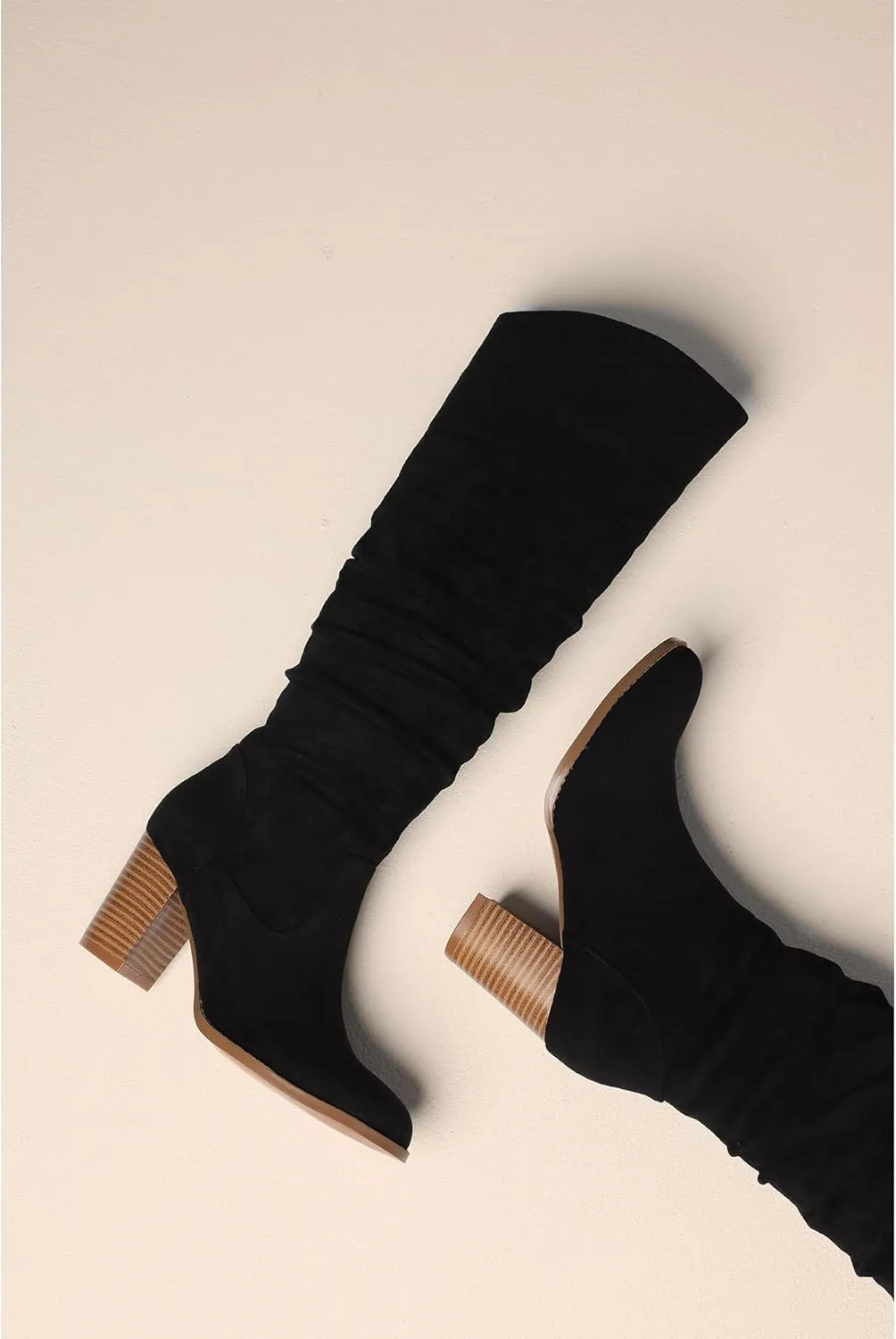 MeiLuSi Women's Slouchy Knee High Boots Suede Fall Boots Round Toe Chunky Heel Boots Warm Winter Boots Wide Calf Boots Outdoor Side Zipper
