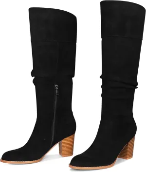 MeiLuSi Women's Slouchy Knee High Boots Suede Fall Boots Round Toe Chunky Heel Boots Warm Winter Boots Wide Calf Boots Outdoor Side Zipper