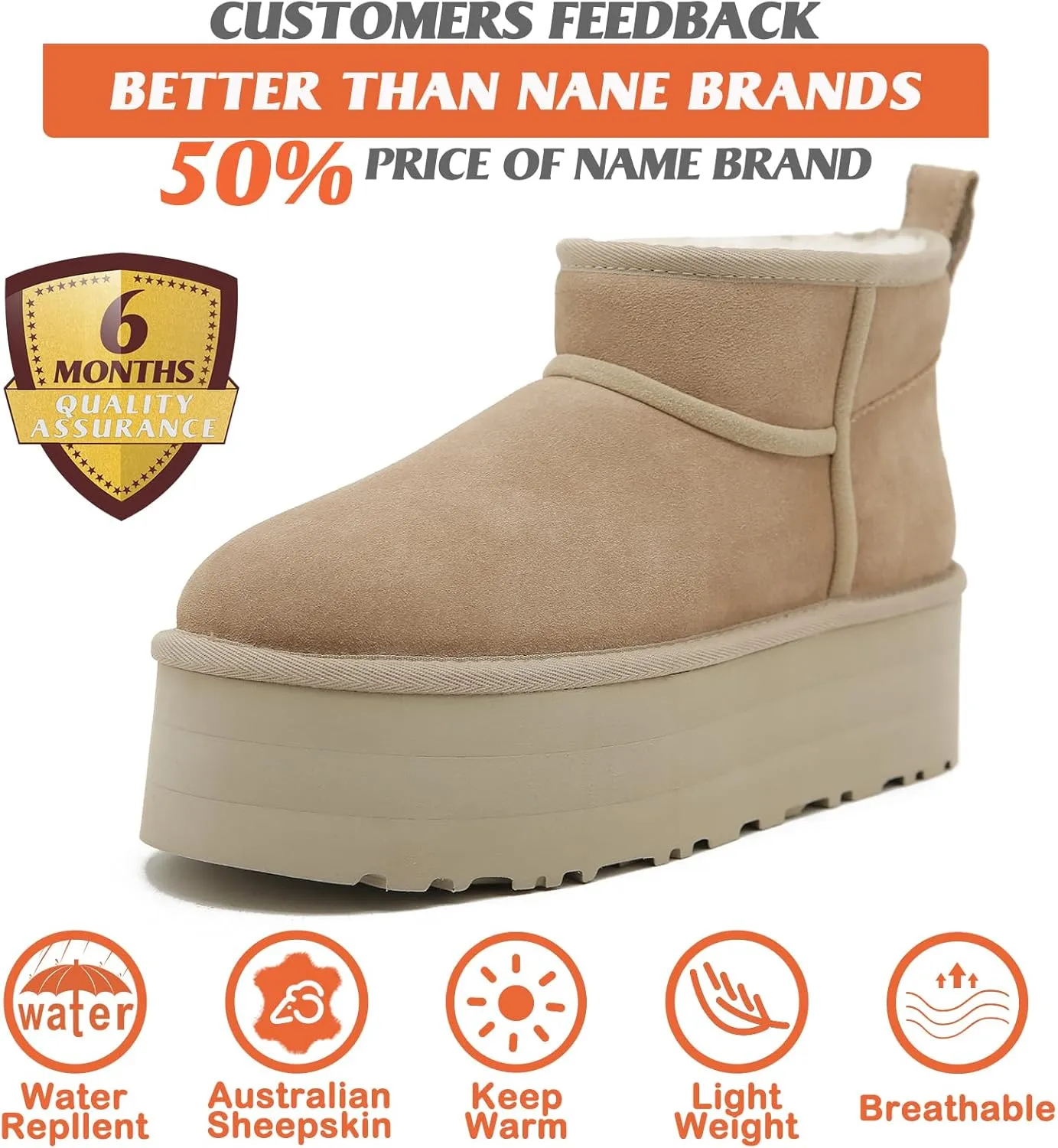 Mel&Syd 100% Australian Sheepskin Boots Womens - Upgraded Memory Foam Insole Waterproof Suede Ultra Mini Boots - Anti-Slip Comfy Winter Shearling Boots for Womens - Ankle Platform Snow Boots for Women