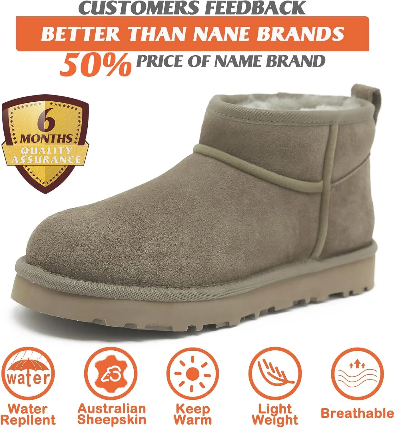 Mel&Syd 100% Australian Sheepskin Boots Womens - Upgraded Memory Foam Insole Waterproof Suede Ultra Mini Boots - Anti-Slip Comfy Winter Shearling Boots for Womens - Ankle Platform Snow Boots for Women