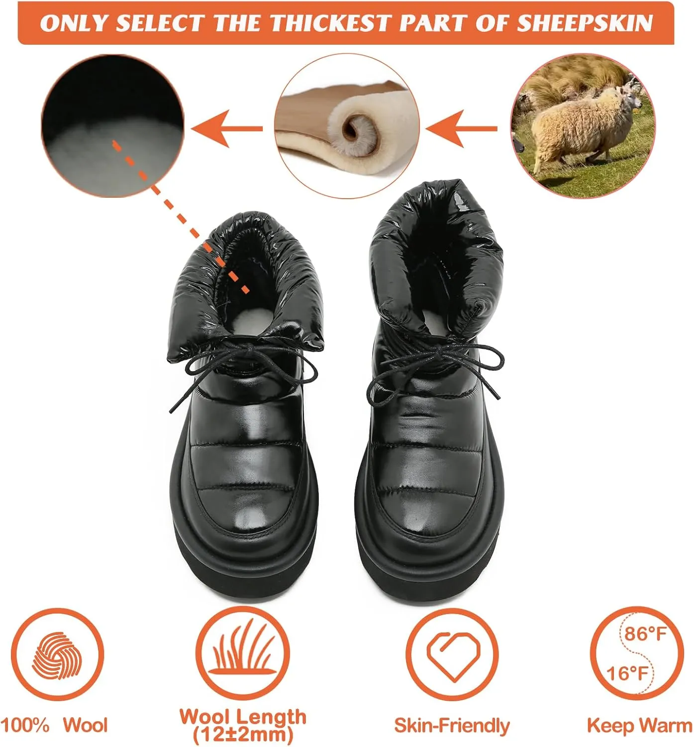 Mel&Syd 100% Australian Sheepskin Women Snow Boots - Waterproof Fur Lined Shearling Boots - Warm Insulated Lace Up Elastic Belt Mini Boots with Memory Foam Rubber Non-Slip Fashionable Walking Shoes