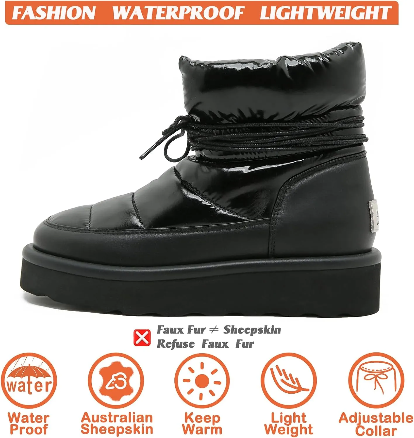 Mel&Syd 100% Australian Sheepskin Women Snow Boots - Waterproof Fur Lined Shearling Boots - Warm Insulated Lace Up Elastic Belt Mini Boots with Memory Foam Rubber Non-Slip Fashionable Walking Shoes