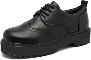 MEMON Womens Vintage Oxford Shoes,Lace up Casual Loafers for Women,Round Toe Low Heel Chunky Black Platform Oxfords,Brogues Dress Shoes