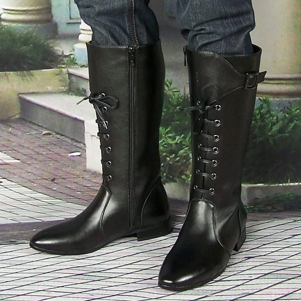 Men Leather Knee High Wide Calf Equestrian Shoes Outdoor British Style Fashion Knight Riding High Boots(Color:Black,Size:UK4)