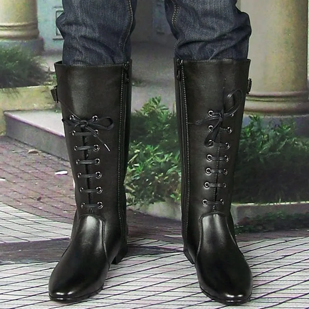 Men Leather Knee High Wide Calf Equestrian Shoes Outdoor British Style Fashion Knight Riding High Boots(Color:Black,Size:UK4)