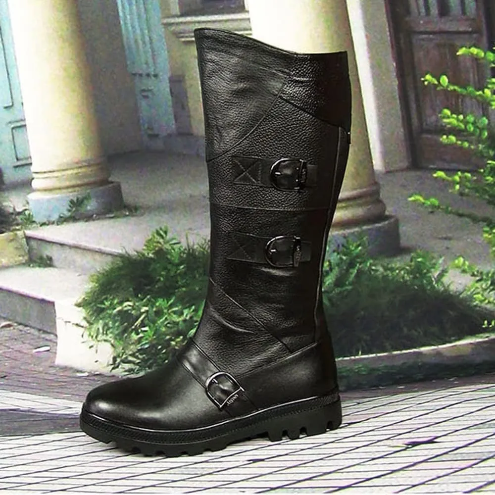 Men Leather Knee High Wide Calf Equestrian Shoes Outdoor British Style Fashion Knight Riding High Boots(Color:Black,Size:UK7)