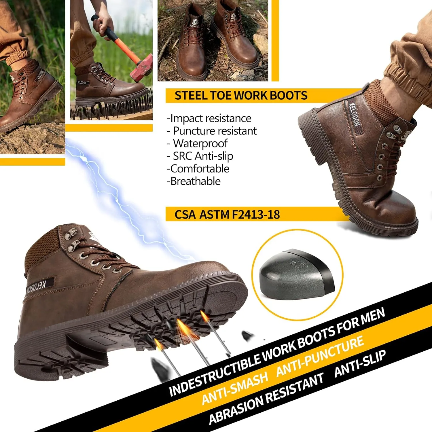 Men's 6-Inch Leather Winter Safety Boots - Waterproof Steel Toe, Indestructible, Warm Construction
