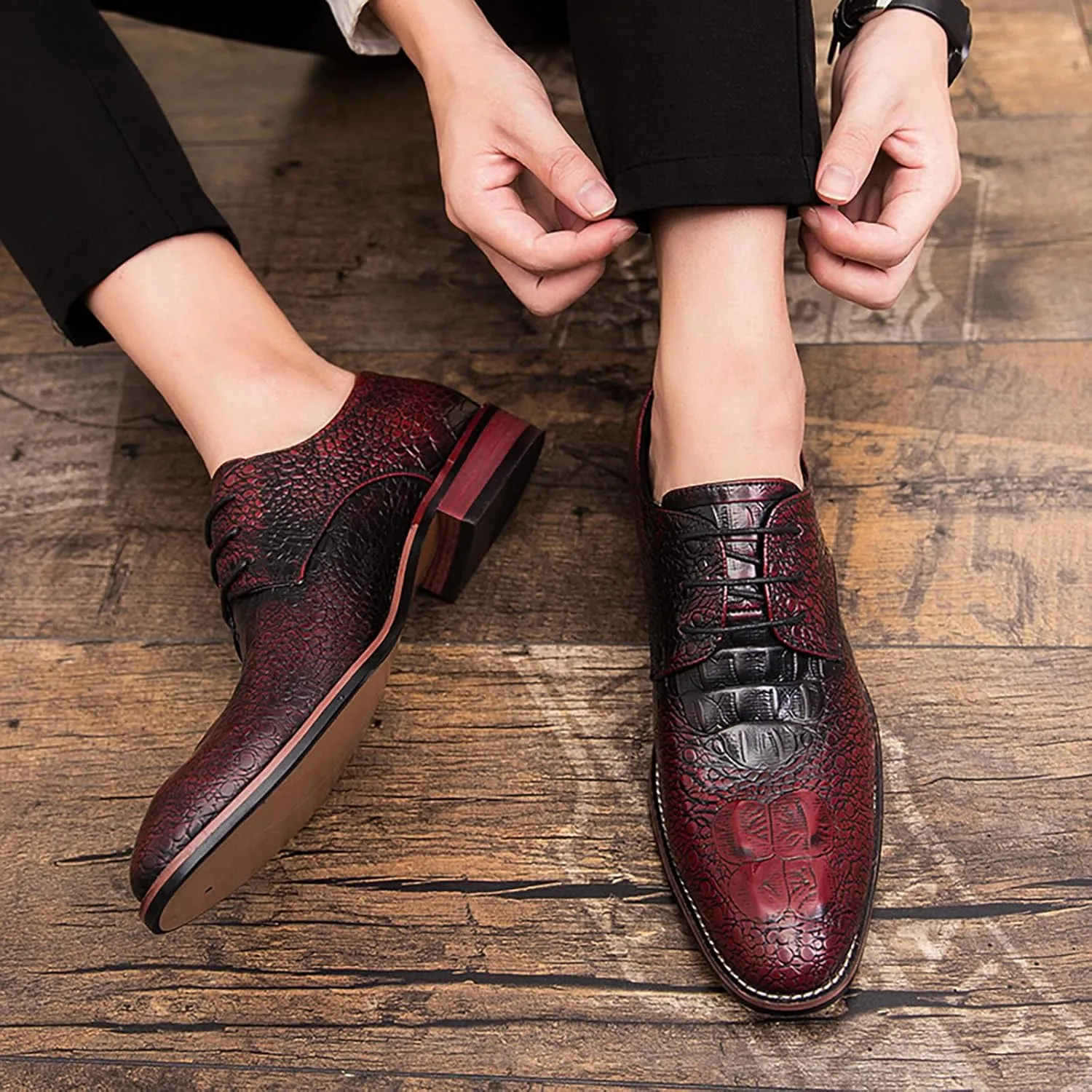 Men's Alligator Lace Up Dress Shoes Men's Crocodile Print Round Toe Oxford Shoes,Classical Business Formal Derby Shoes for Men