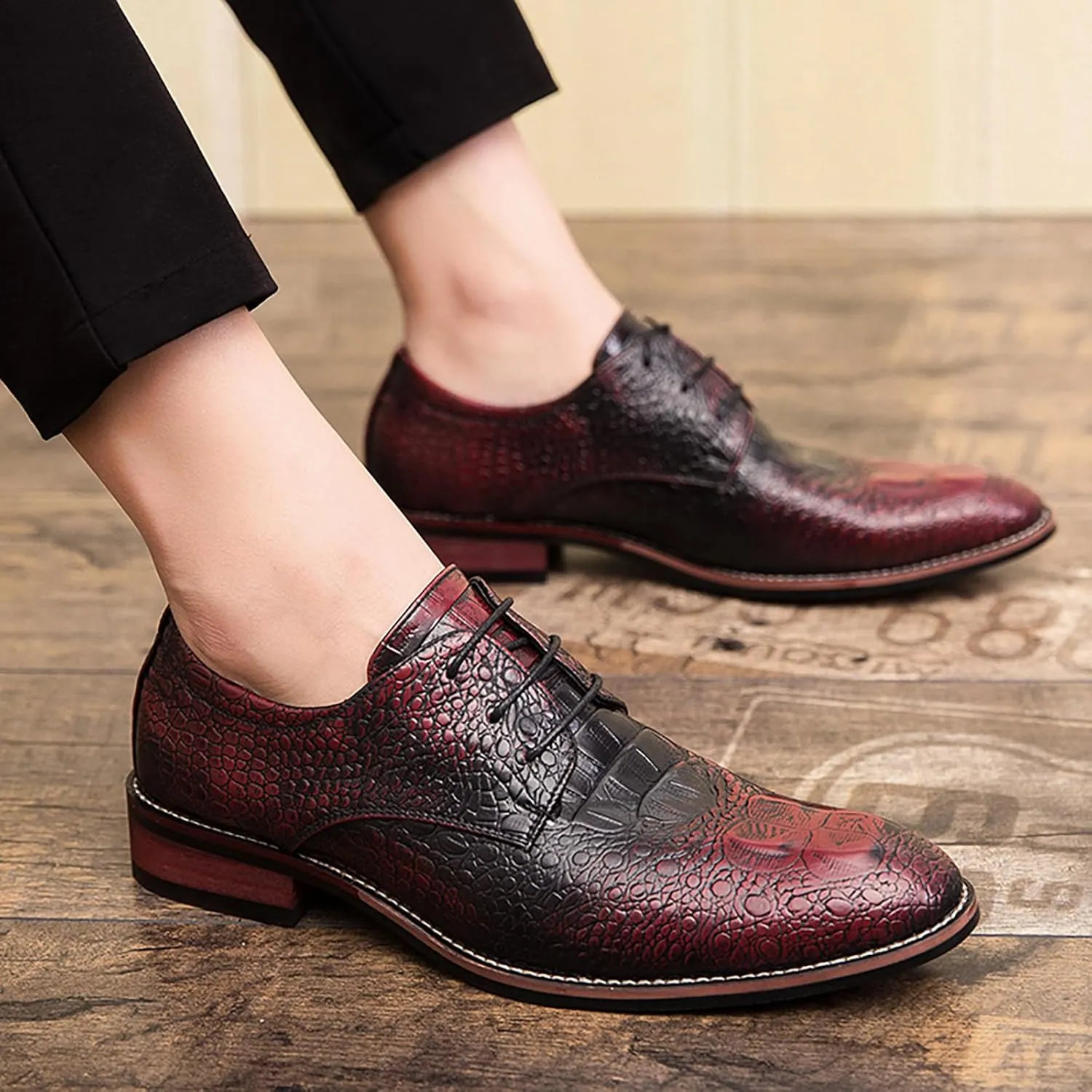 Men's Alligator Lace Up Dress Shoes Men's Crocodile Print Round Toe Oxford Shoes,Classical Business Formal Derby Shoes for Men