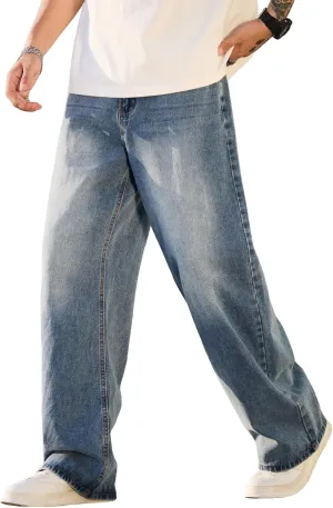 Mens Baggy Jeans Distressed Wide Leg Denim Pants Casual Loose Fit Trousers Streetwear