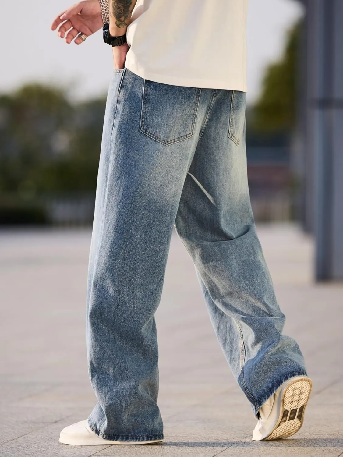 Mens Baggy Jeans Distressed Wide Leg Denim Pants Casual Loose Fit Trousers Streetwear