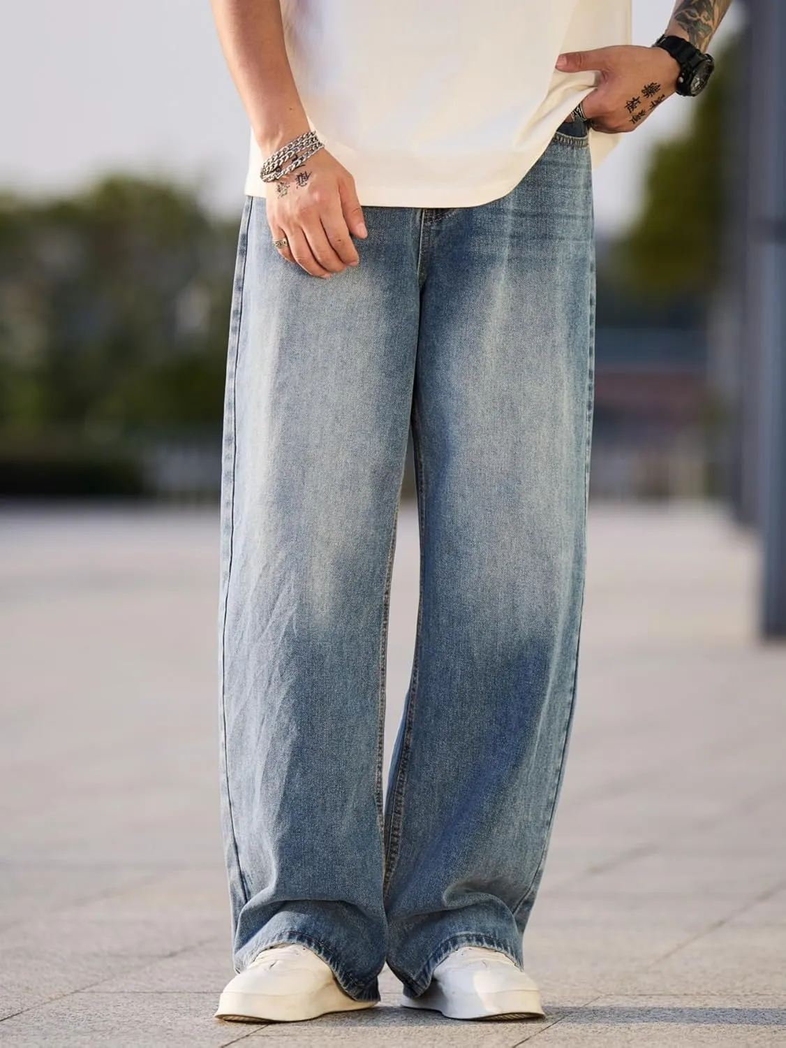Mens Baggy Jeans Distressed Wide Leg Denim Pants Casual Loose Fit Trousers Streetwear