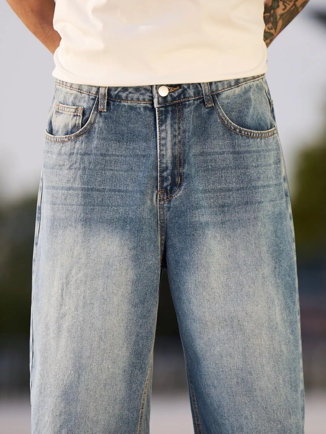Mens Baggy Jeans Distressed Wide Leg Denim Pants Casual Loose Fit Trousers Streetwear