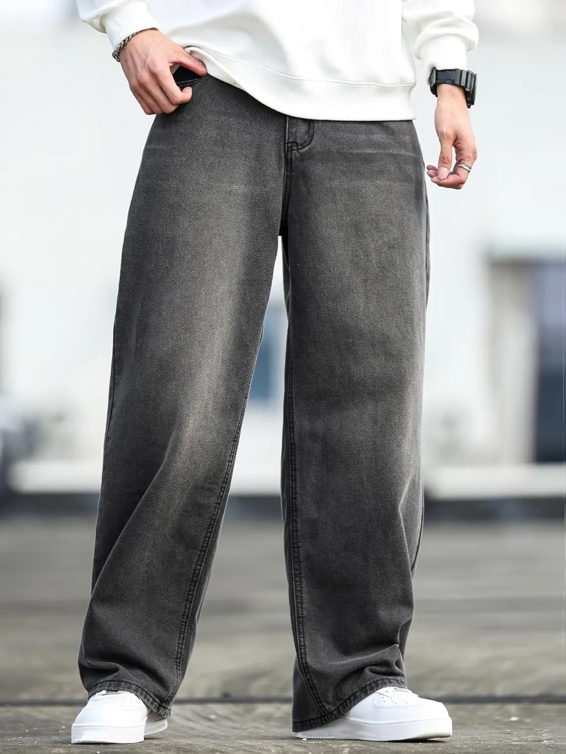 Mens Baggy Jeans Distressed Wide Leg Denim Pants Casual Loose Fit Trousers Streetwear
