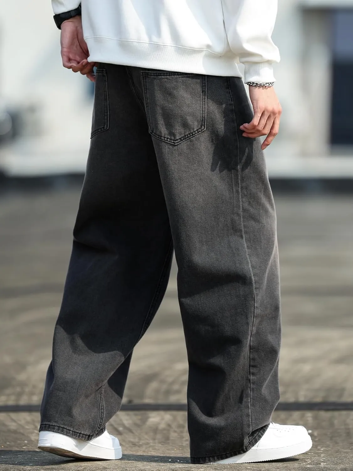 Mens Baggy Jeans Distressed Wide Leg Denim Pants Casual Loose Fit Trousers Streetwear