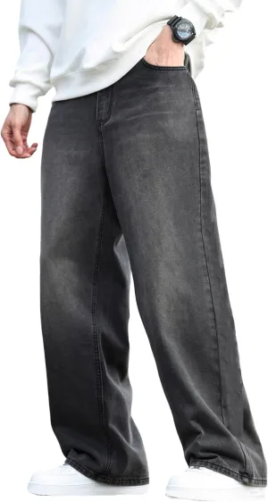 Mens Baggy Jeans Distressed Wide Leg Denim Pants Casual Loose Fit Trousers Streetwear