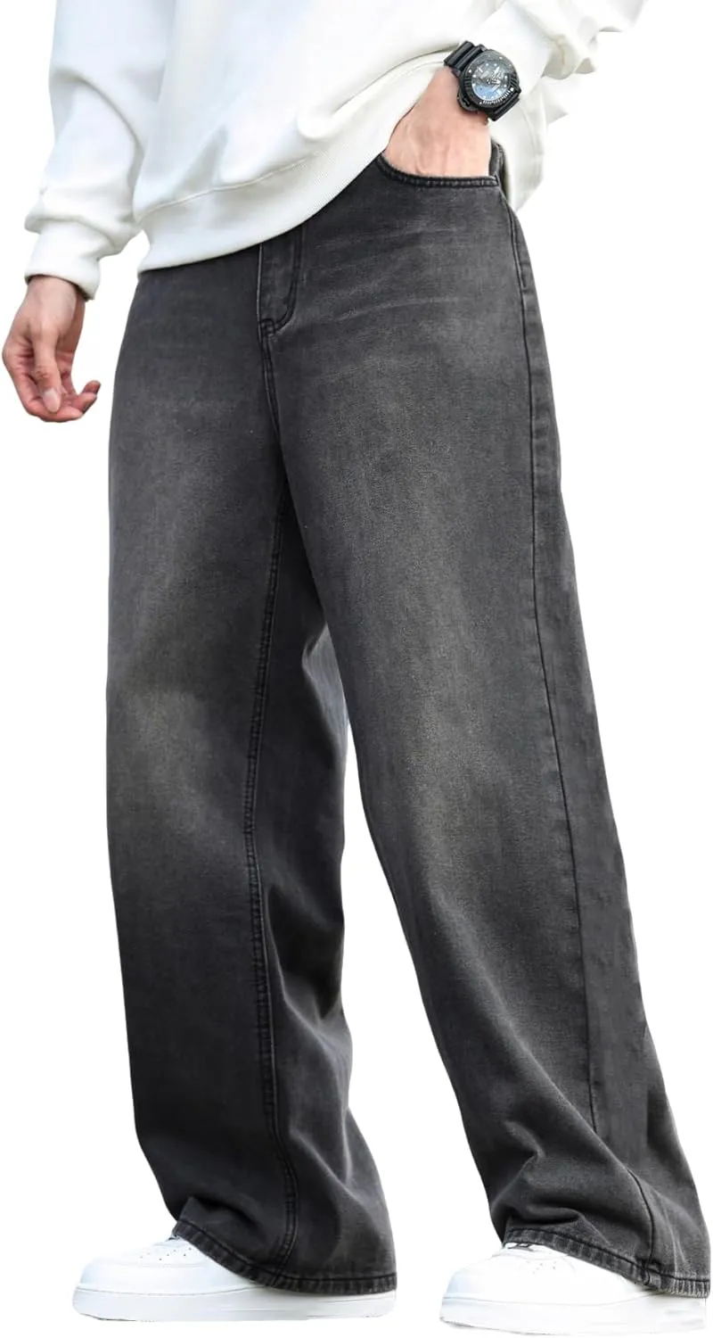 Mens Baggy Jeans Distressed Wide Leg Denim Pants Casual Loose Fit Trousers Streetwear