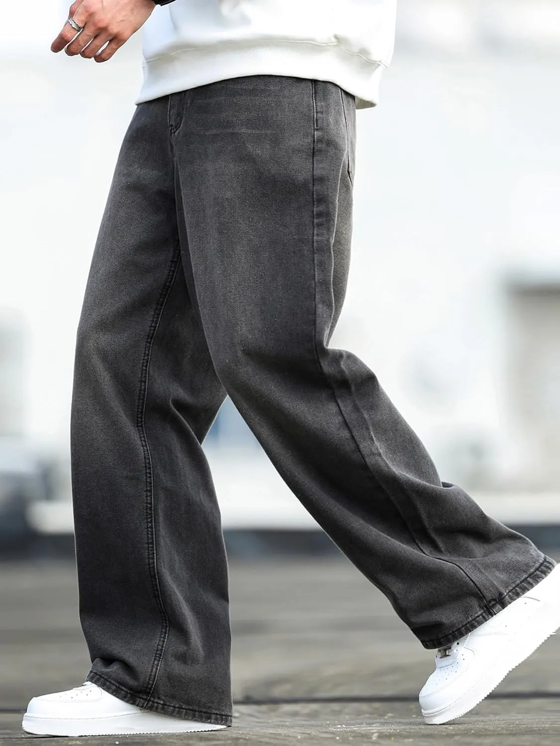 Mens Baggy Jeans Distressed Wide Leg Denim Pants Casual Loose Fit Trousers Streetwear