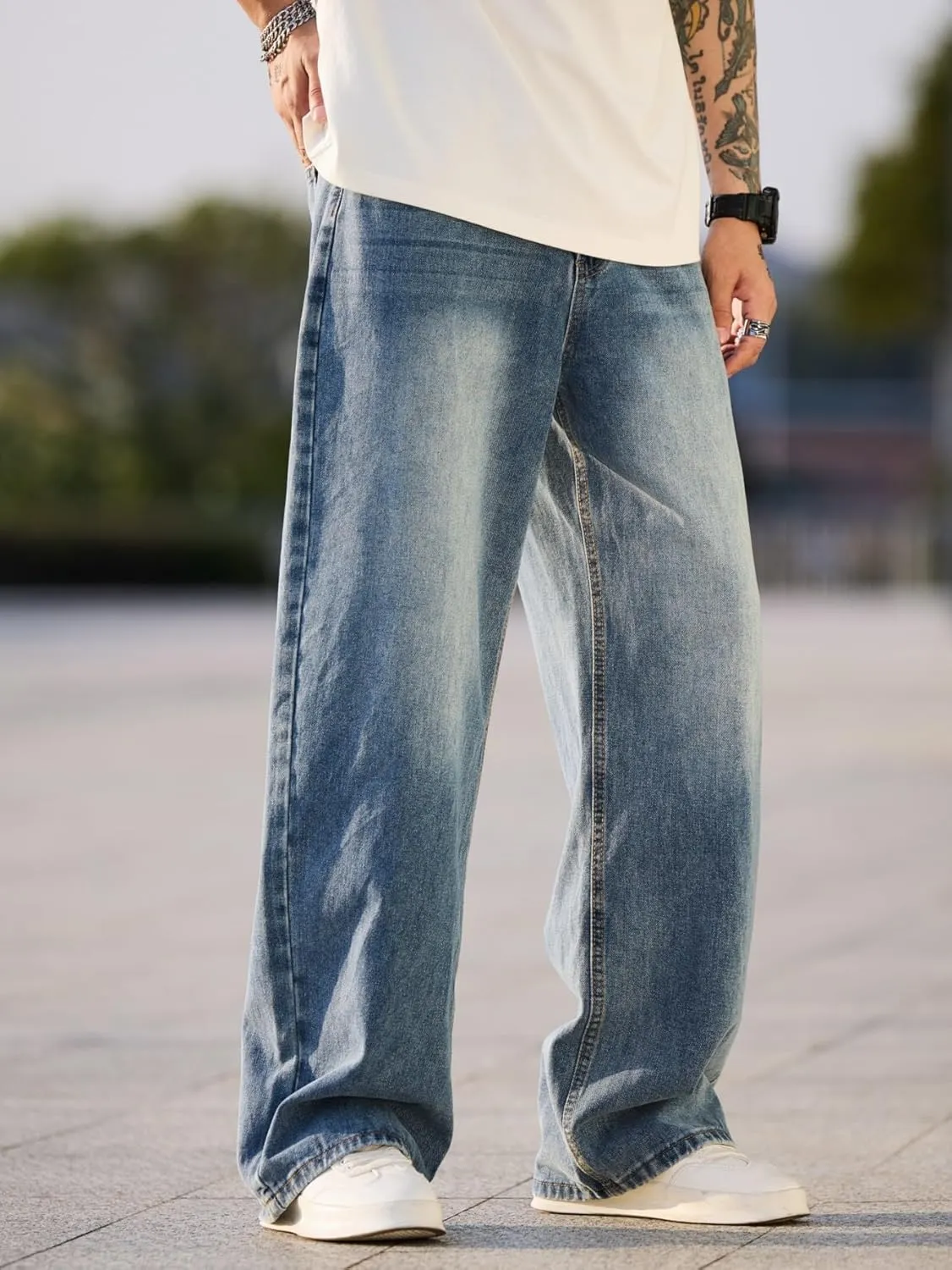 Mens Baggy Jeans Distressed Wide Leg Denim Pants Casual Loose Fit Trousers Streetwear