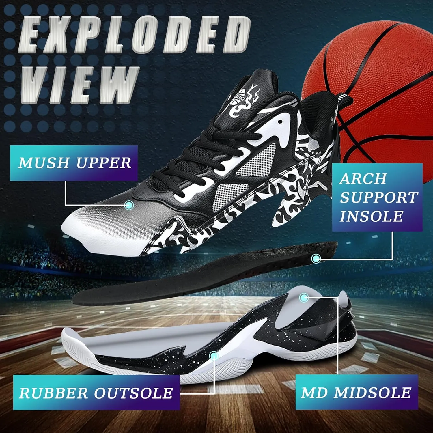 Men's Basketball Shoes Breathable Anti Slip Fashionable Graffiti Training Shoes Outdoor Shoes