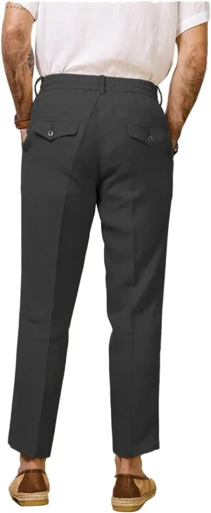 Men's Casual Cotton Linen Pants Summer Drawstring Lounge Lightweight Summer Beach Trousers Elastic Waist