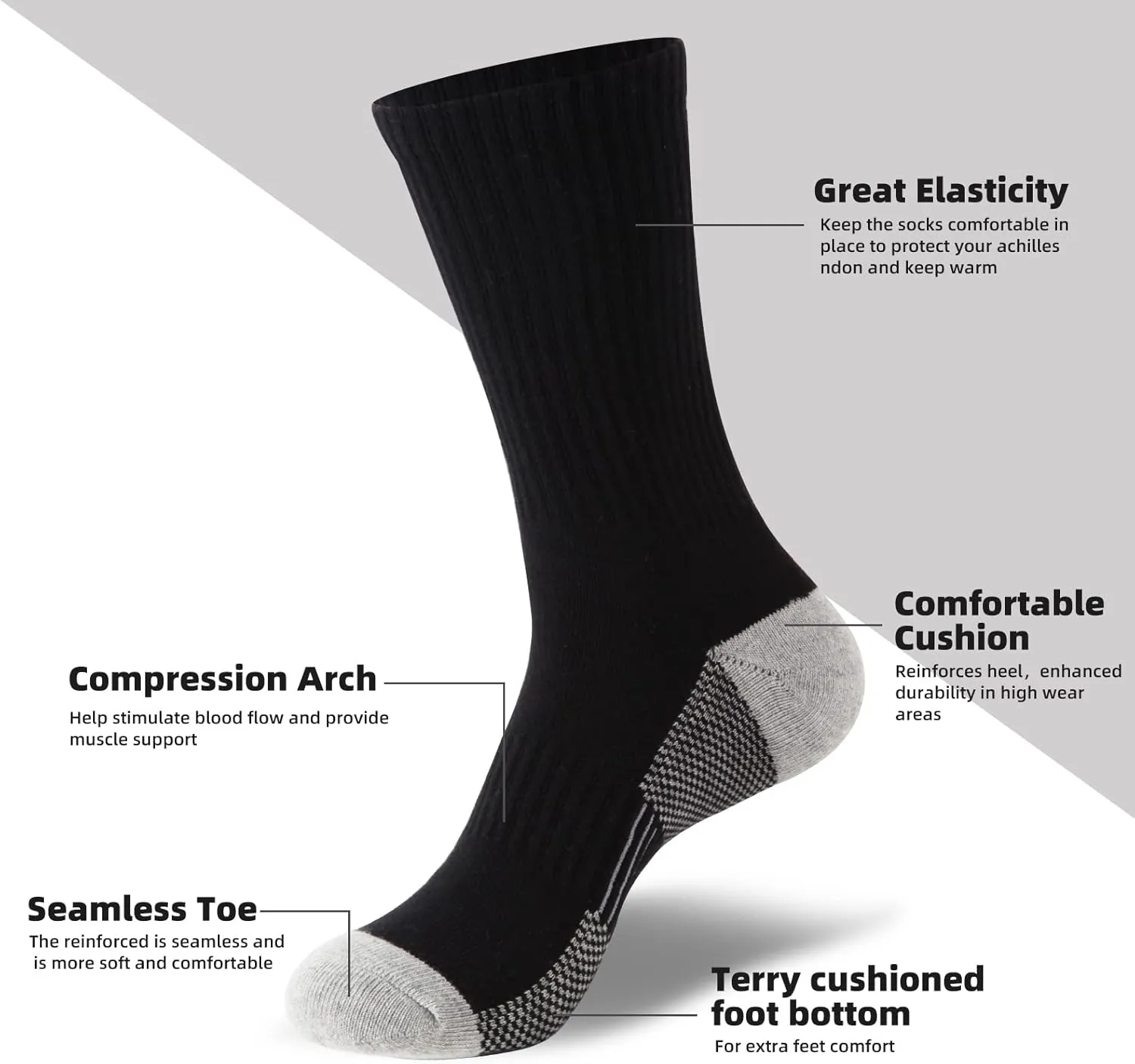 Men's Cotton Moisture Wicking Heavy Cushion Crew Work Socks,6-12, 6Pairs