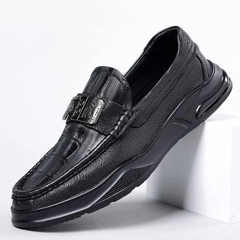 Mens Crocodile Pattern Leather Slip-On Dress Loafers Classical Casual Log Sole Non Slip Platform Shoe for Formal Business Wedding