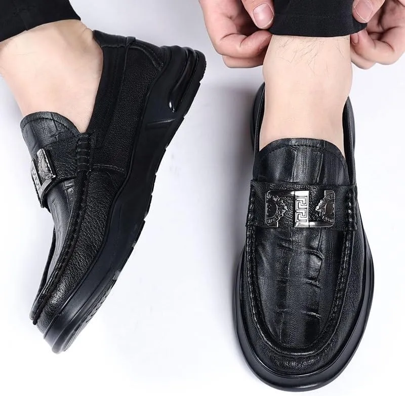 Mens Crocodile Pattern Leather Slip-On Dress Loafers Classical Casual Log Sole Non Slip Platform Shoe for Formal Business Wedding