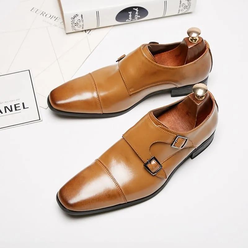Men's Formal Wear Height-Enhancing Square Scalp Shoes Single Shoes Monk Buckle Office Wedding Shoes Brown(9)