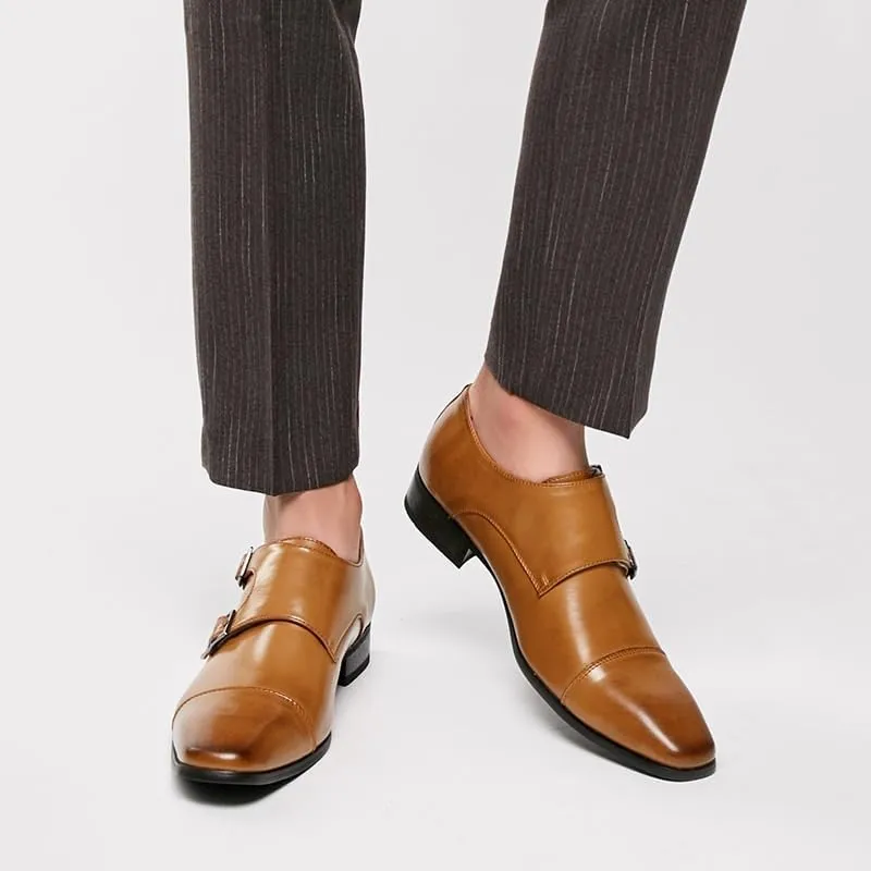 Men's Formal Wear Height-Enhancing Square Scalp Shoes Single Shoes Monk Buckle Office Wedding Shoes Brown(9)